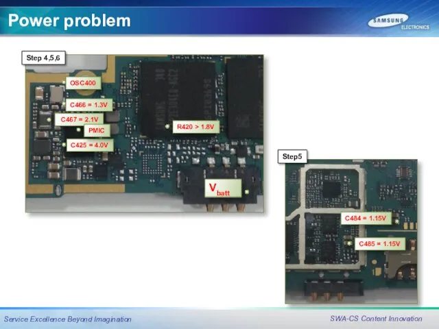 Power problem C466 = 1.3V Step 4,5,6 C467 = 2.1V