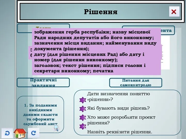 Рішення Тести Зразок документа Практичні завдання Питання для самоконтролю Дати