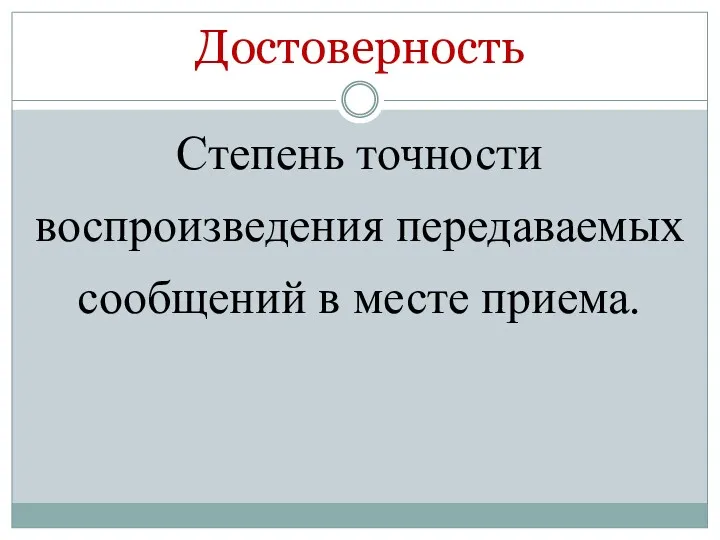 Достоверность Степень точности воспроизведения передаваемых сообщений в месте приема.