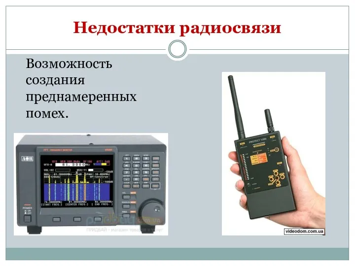 Недостатки радиосвязи Возможность создания преднамеренных помех.