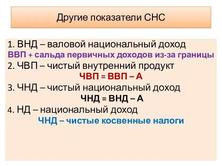 Другие показатели СНС 1. ВНД – валовой национальный доход ВВП