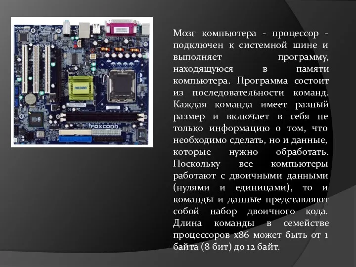 Мозг компьютера - процессор - подключен к системной шине и