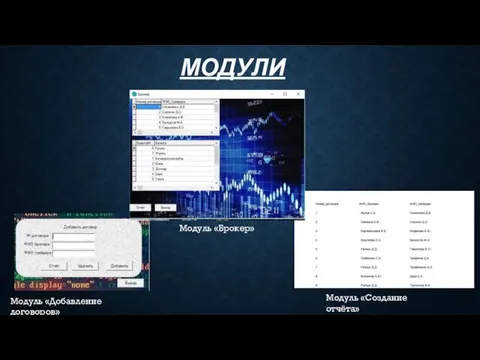 МОДУЛИ Модуль «Добавление договоров» Модуль «Брокер» Модуль «Создание отчёта»