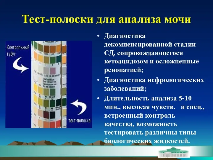 Тест-полоски для анализа мочи Диагностика декомпенсированной стадии СД, сопровождающегося кетоацидозом