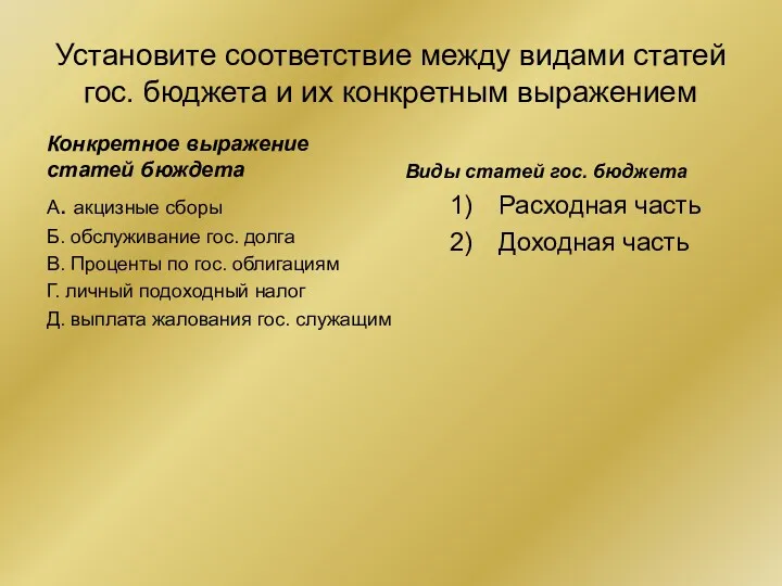 Установите соответствие между видами статей гос. бюджета и их конкретным