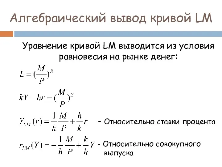 Алгебраический вывод кривой LM Уравнение кривой LM выводится из условия