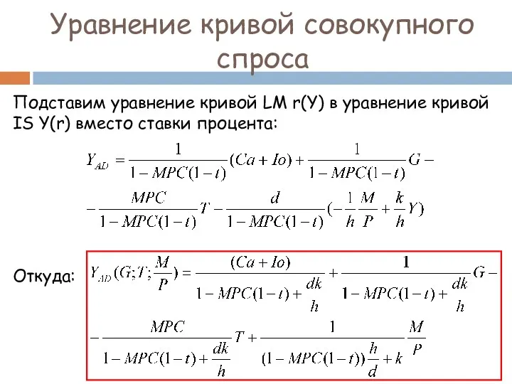 Уравнение кривой совокупного спроса Подставим уравнение кривой LM r(Y) в