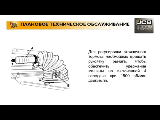 ПЛАНОВОЕ ТЕХНИЧЕСКОЕ ОБСЛУЖИВАНИЕ Для регулировки стояночного тормоза необходимо вращать рукоятку рычага, чтобы обеспечить