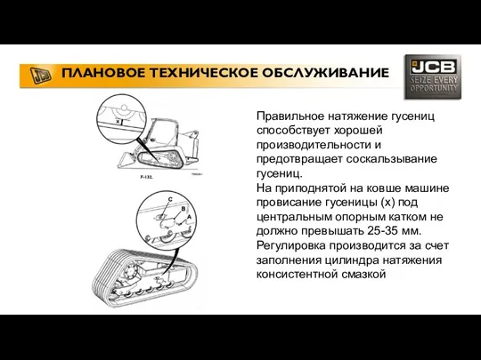 ПЛАНОВОЕ ТЕХНИЧЕСКОЕ ОБСЛУЖИВАНИЕ Правильное натяжение гусениц способствует хорошей производительности и предотвращает соскальзывание гусениц.