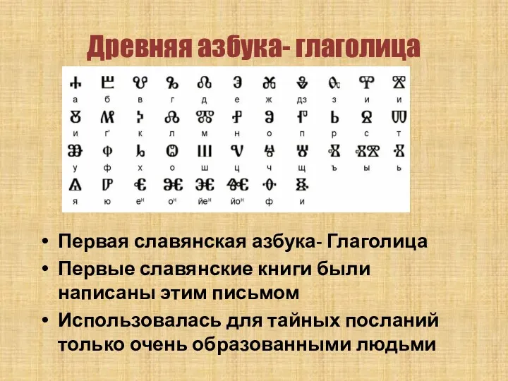Древняя азбука- глаголица Первая славянская азбука- Глаголица Первые славянские книги