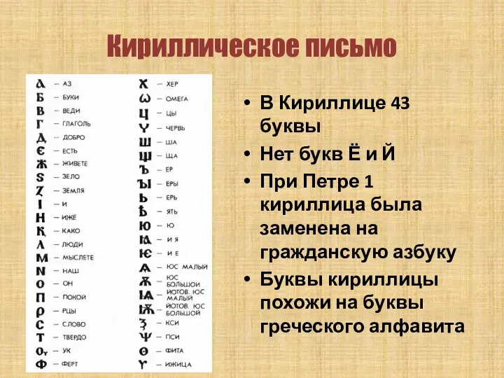 Кириллическое письмо В Кириллице 43 буквы Нет букв Ё и