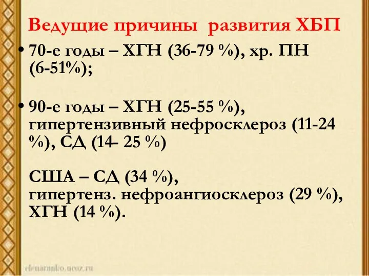 Ведущие причины развития ХБП 70-е годы – ХГН (36-79 %),