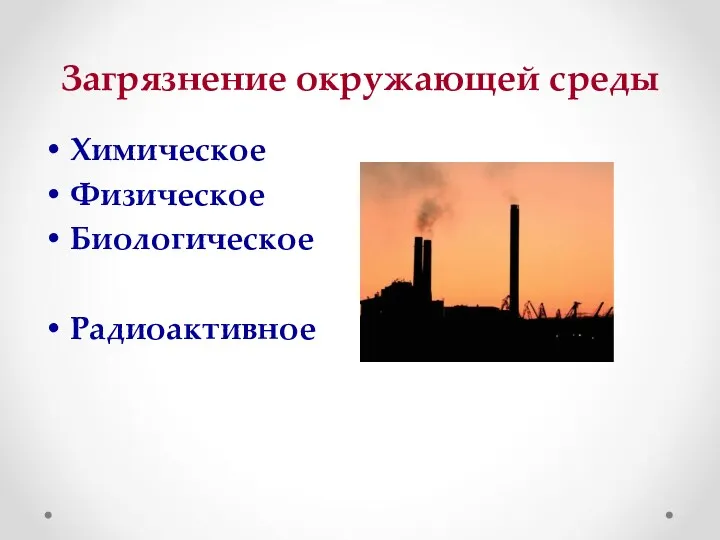 Загрязнение окружающей среды Химическое Физическое Биологическое Радиоактивное