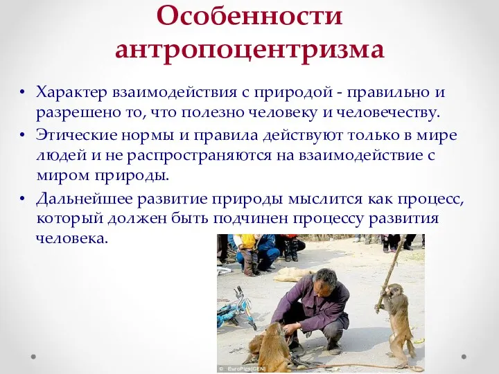 Особенности антропоцентризма Характер взаимодействия с природой - правильно и разрешено