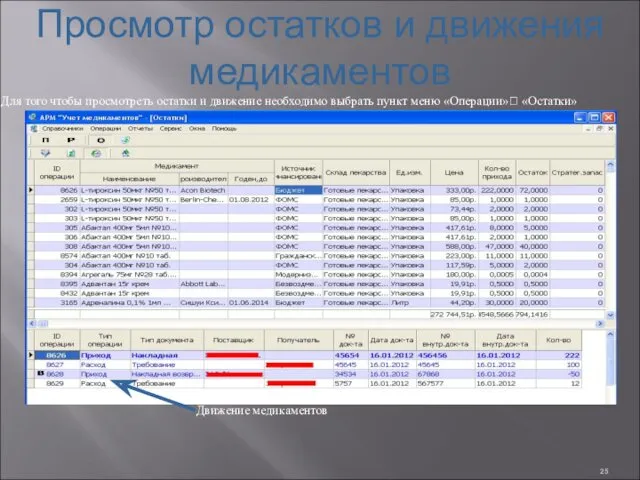 Просмотр остатков и движения медикаментов Для того чтобы просмотреть остатки