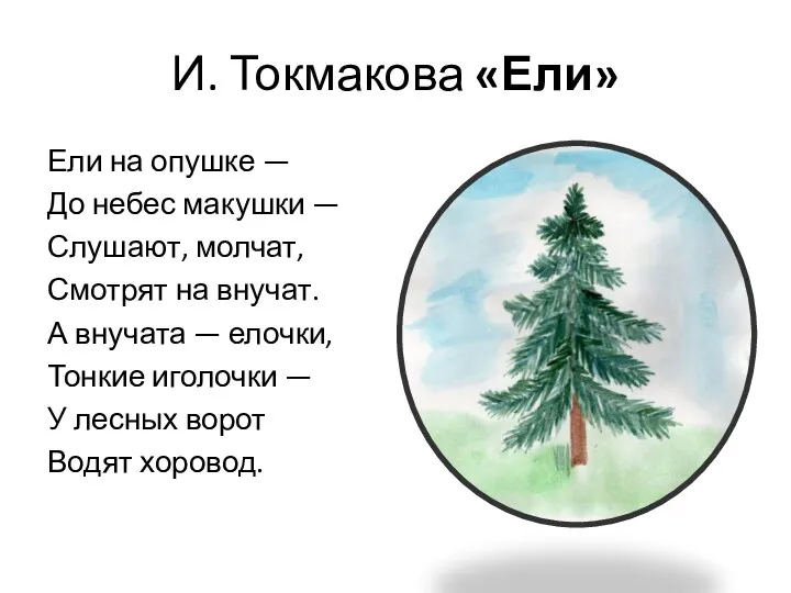 И. Токмакова «Ели» Ели на опушке — До небес макушки — Слушают, молчат,