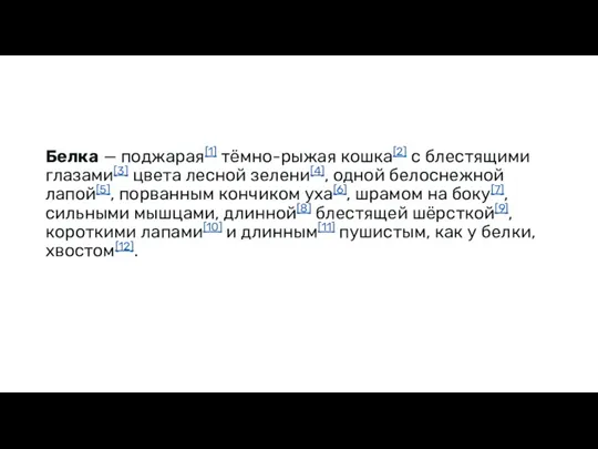 Белка — поджарая[1] тёмно-рыжая кошка[2] с блестящими глазами[3] цвета лесной