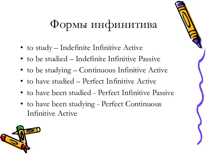 Формы инфинитива to study – Indefinite Infinitive Active to be