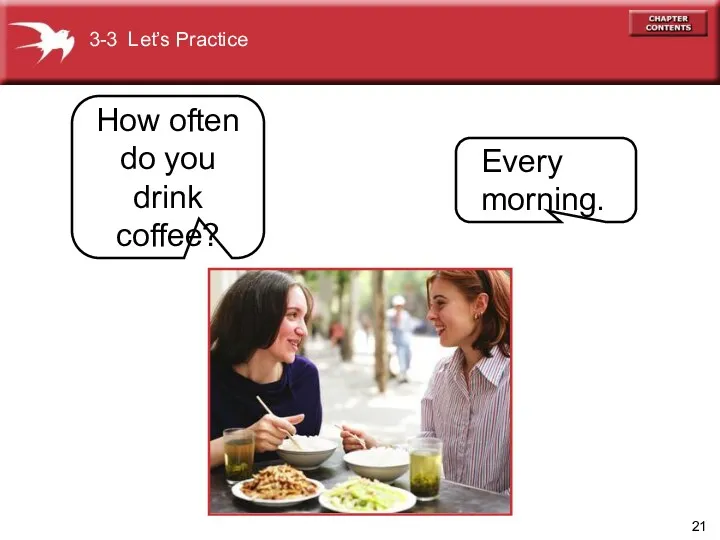 How often do you drink coffee? 3-3 Let’s Practice Every morning.