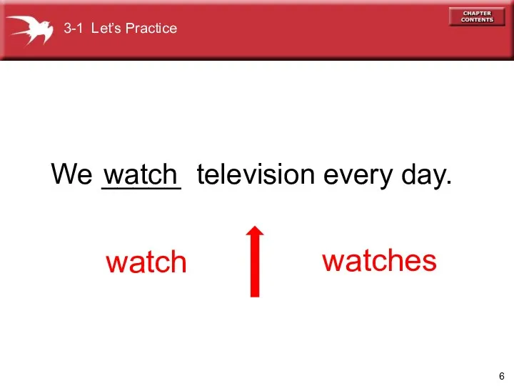 We _____ television every day. watch watches watch 3-1 Let’s Practice