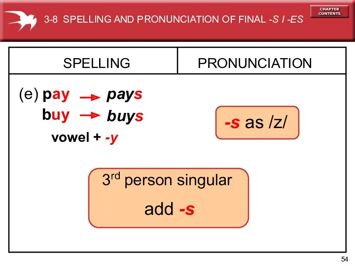SPELLING (e) pay PRONUNCIATION pays buy buys 3-8 SPELLING AND