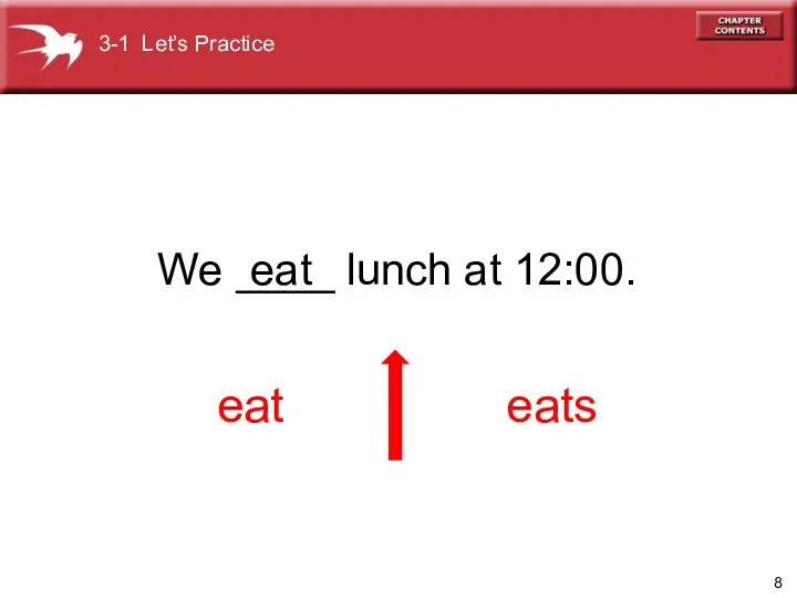 We ____ lunch at 12:00. eat eats eat 3-1 Let’s Practice