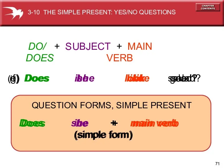 Does he + main verb (simple form) Does it +