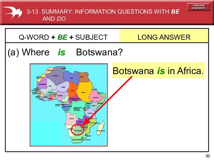 (a) Where is Botswana? Q-WORD + BE + SUBJECT LONG