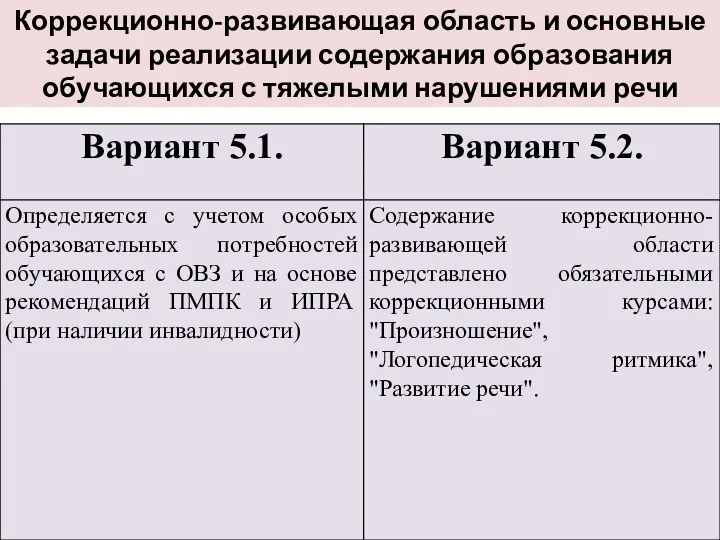 Коррекционно-развивающая область и основные задачи реализации содержания образования обучающихся с тяжелыми нарушениями речи