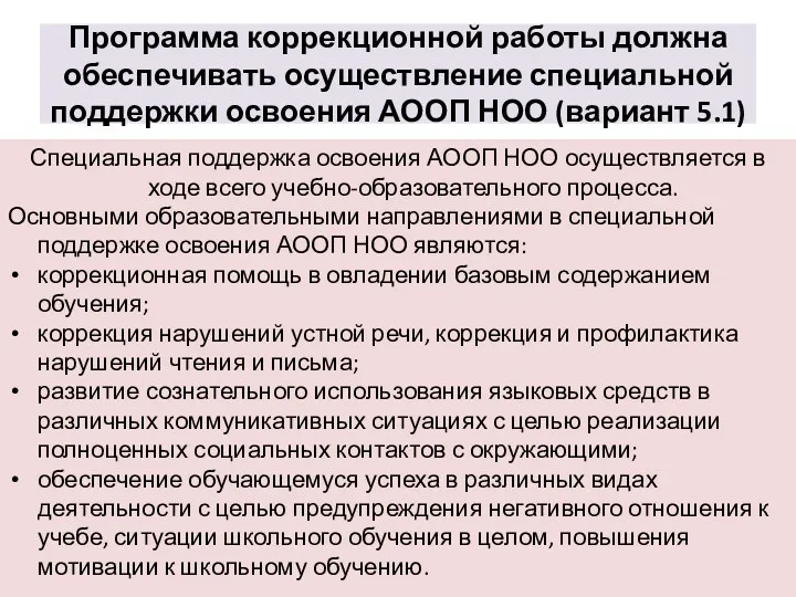 Программа коррекционной работы должна обеспечивать осуществление специальной поддержки освоения АООП