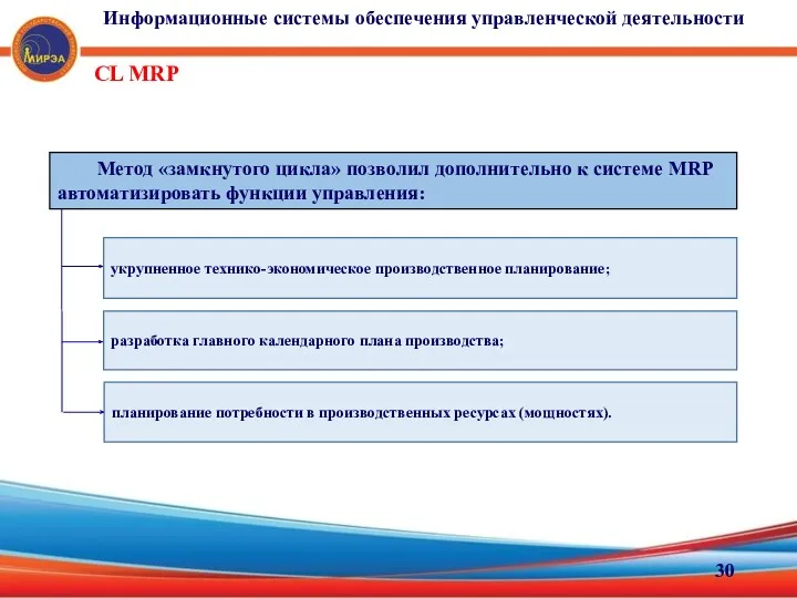 CL MRP Метод «замкнутого цикла» позволил дополнительно к системе MRP