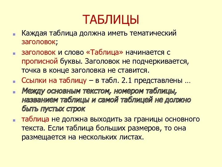 ТАБЛИЦЫ Каждая таблица должна иметь тематический заголовок; заголовок и слово