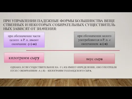 ПРИ УПРАВ­ЛЕ­НИИ ПА­ДЕЖ­НЫЕ ФОРМЫ БОЛЬ­ШИН­СТВА ВЕ­ЩЕ­СТВЕН­НЫХ И НЕКО­ТО­РЫХ СО­БИ­РА­ТЕЛЬ­НЫХ СУ­ЩЕ­СТВИ­ТЕЛЬ­НЫХ