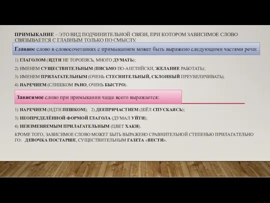 ПРИ­МЫ­КА­НИЕ – ЭТО ВИД ПОД­ЧИ­НИ­ТЕЛЬ­НОЙ СВЯЗИ, ПРИ КО­ТО­РОМ ЗА­ВИ­СИ­МОЕ СЛОВО