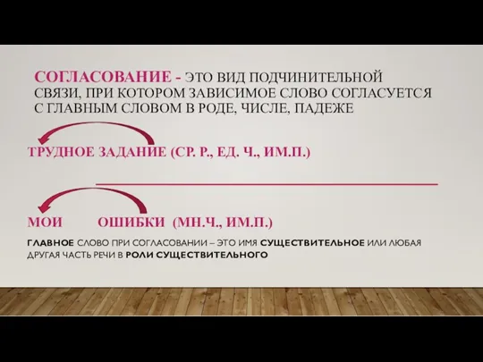 СОГЛАСОВАНИЕ - ЭТО ВИД ПОД­ЧИ­НИ­ТЕЛЬ­НОЙ СВЯЗИ, ПРИ КО­ТО­РОМ ЗА­ВИ­СИ­МОЕ СЛОВО