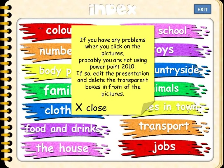 colours numbers body parts family clothes food and drinks the