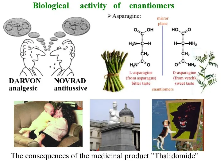 The consequences of the medicinal product "Thalidomide" DARVON analgesic Biological activity of enantiomers NOVRAD antitussive