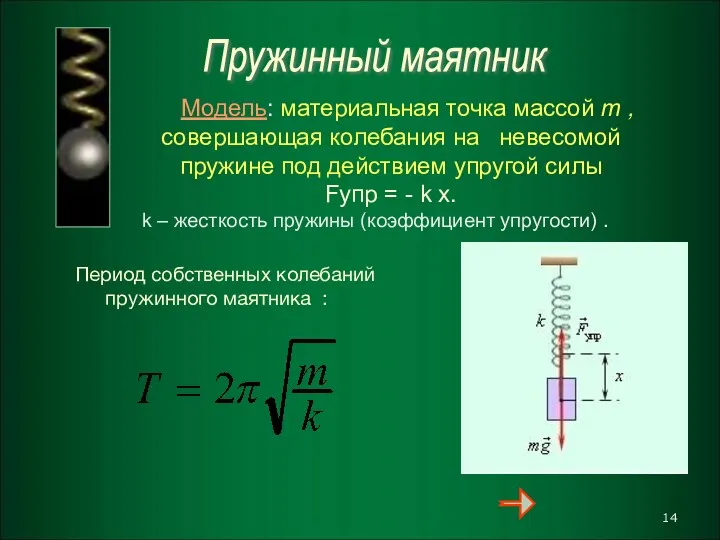 Пружинный маятник Модель: материальная точка массой m , совершающая колебания