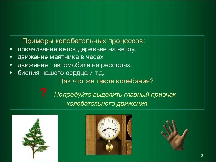 Примеры колебательных процессов: покачивание веток деревьев на ветру, движение маятника