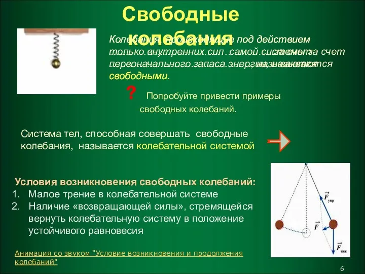 Колебания, происходящие под действием ………………………………………….за счет ……………………………………, называются свободными. Условия