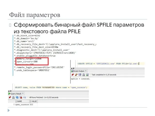 Файл параметров Cформировать бинарный файл SPFILE параметров из текстового файла PFILE