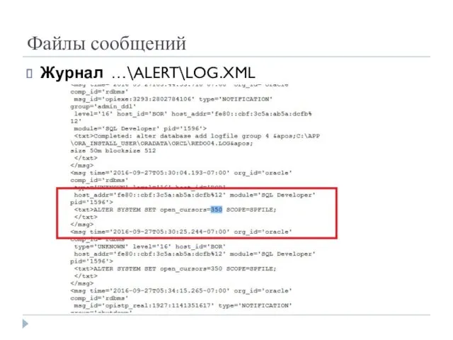 Файлы сообщений Журнал …\ALERT\LOG.XML