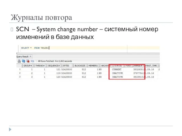 Журналы повтора SCN – System change number – системный номер изменений в базе данных