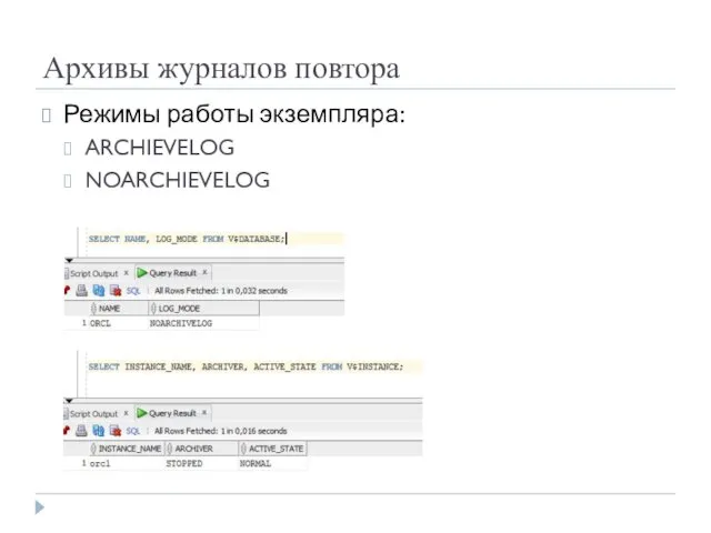 Архивы журналов повтора Режимы работы экземпляра: ARCHIEVELOG NOARCHIEVELOG