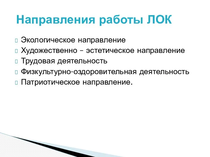 Экологическое направление Художественно – эстетическое направление Трудовая деятельность Физкультурно-оздоровительная деятельность Патриотическое направление. Направления работы ЛОК