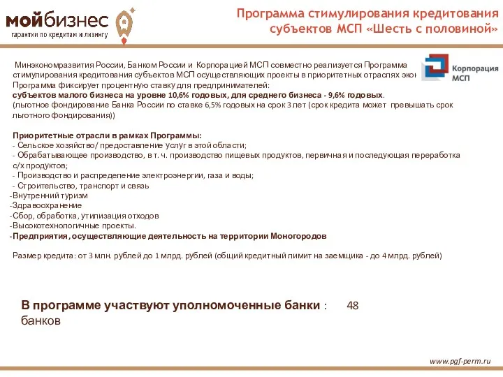 www.pgf-perm.ru Программа стимулирования кредитования субъектов МСП «Шесть с половиной» Минэкономразвития