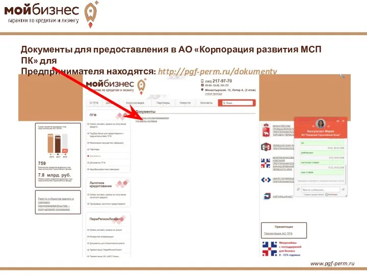 www.pgf-perm.ru Документы для предоставления в АО «Корпорация развития МСП ПК» для Предпринимателя находятся: http://pgf-perm.ru/dokumenty