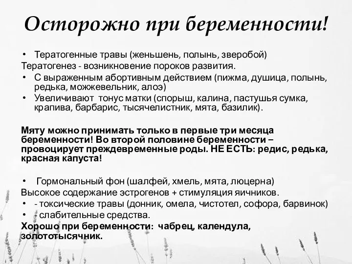 Осторожно при беременности! Тератогенные травы (женьшень, полынь, зверобой) Тератогенез -