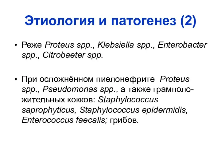 Этиология и патогенез (2) Реже Proteus spp., Klebsiella spp., Enterobacter