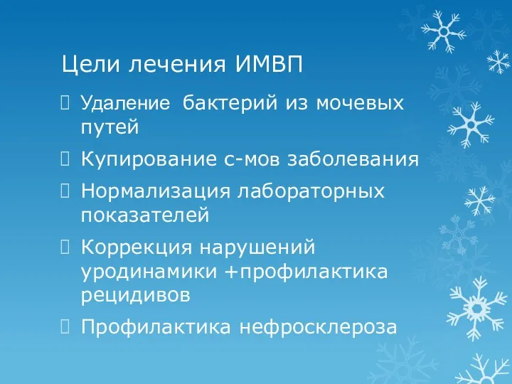 Цели лечения ИМВП Удаление бактерий из мочевых путей Купирование с-мов